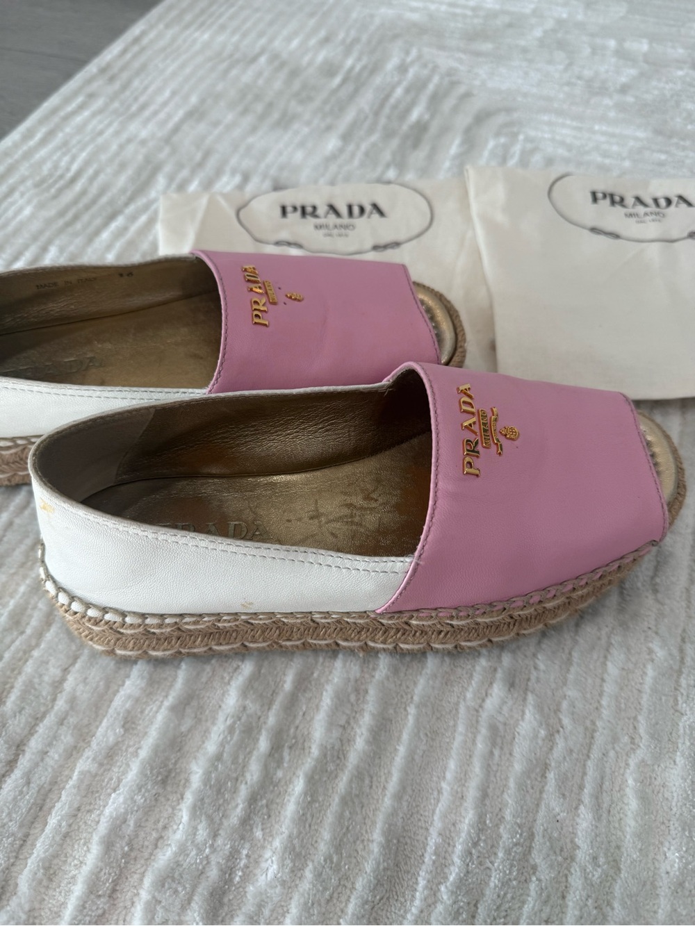 Prada Pink and White Leather Espadrille Slip-Ons
